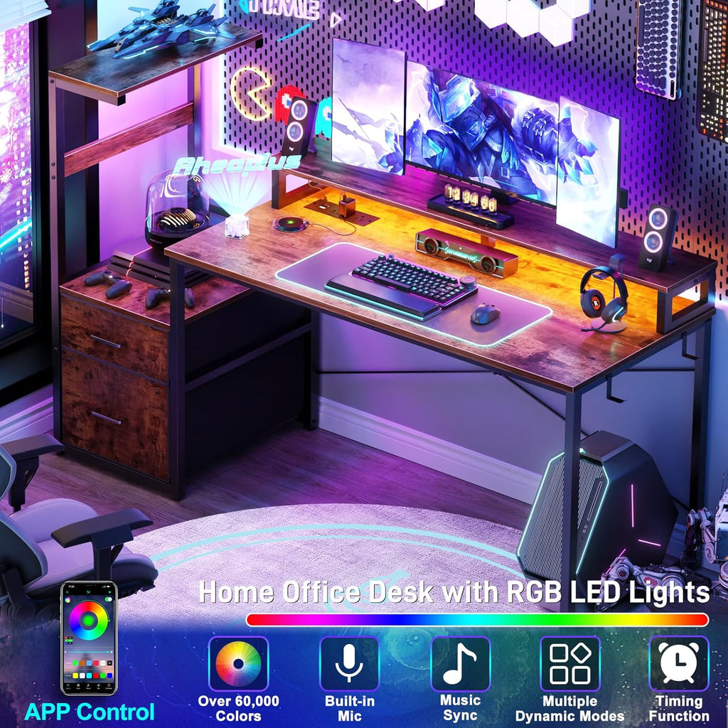 Aheaplus Gaming Desk with LED Strip & Power Outlet, 59Inch Reversible Computer Desk with Monitor Stand & Storage Shelves, Home Office Desks with Fabric File Drawer, Gamer Table PC Desk, Rustic Brown