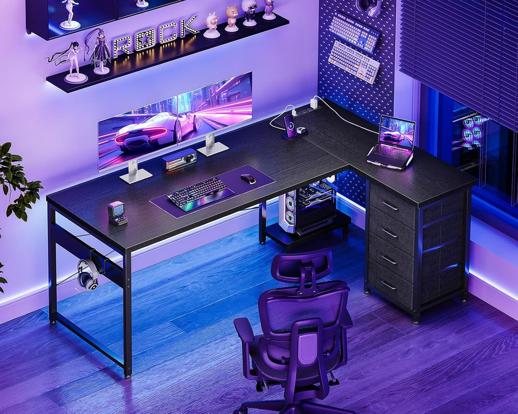 AODK L Shaped Gaming Desk with 4 Drawers, 61' Reversible Home Office Desks with Power Outlets, L Shaped Computer Desk with USB Charging Port and Host Stand, Corner Desk, Easy to Assemble, Black