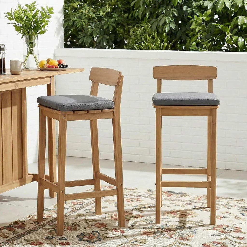 Patio Bar Stools Set of 4, Solid Acacia Wood Patio Barstools with Footrest, 28.5' Counter Height Outdoor Bar Stools, High Top Patio Bar Chairs for Balcony/Deck/Kitchen Island/Bistro, Grey