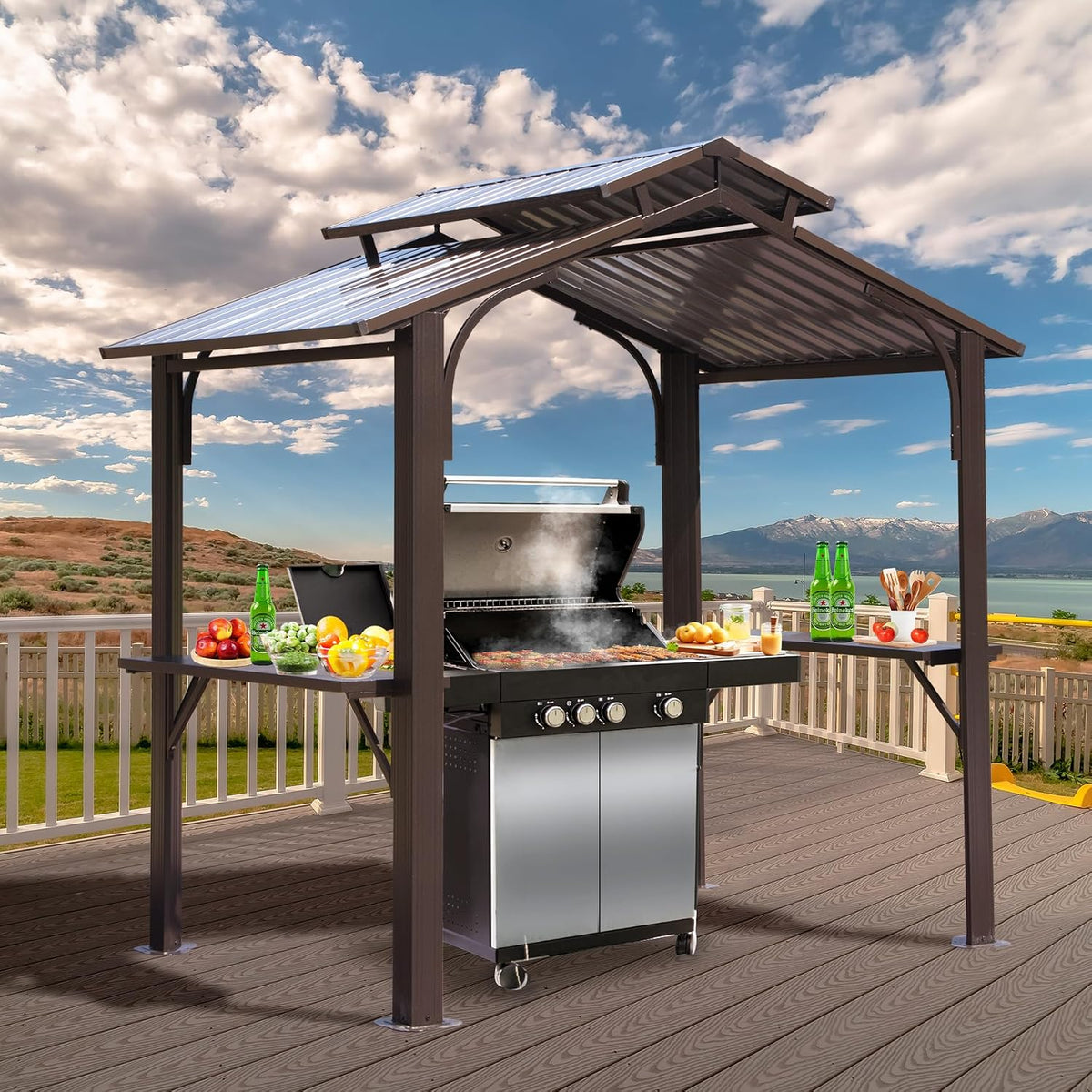 8x5FT Grill Gazebo, Outdoor Hardtop Metal Gazebo with 2 Side Shelves and Ceiling Hooks, Galvanized Steel Double Roof, All-Weather Hard Top Grill Canopy for Patio, Backyard, Lawn, Deck – Brown