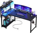 Homieasy Small Gaming Desk with Power Outlets Pegboard LED Light, 51 Inch L Shaped Computer Desk with Monitor Stand Storage Shelves, Reversible Corner Desk with Headset Hooks, Carbon Fiber Black