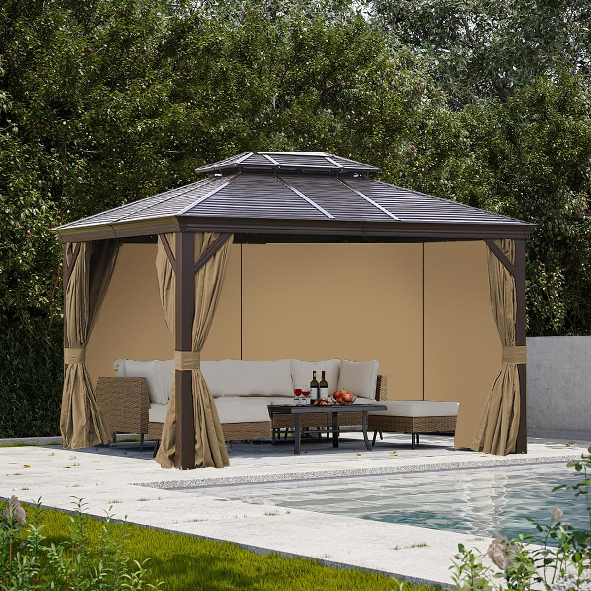 slashome 10'x12' Gazebo Curtains Outdoor Waterproof, Khaki Universal Replacement Curtain 4-Panels, Sidewalls with Zipper for Garden, Patio, Yard (Only Curtains)