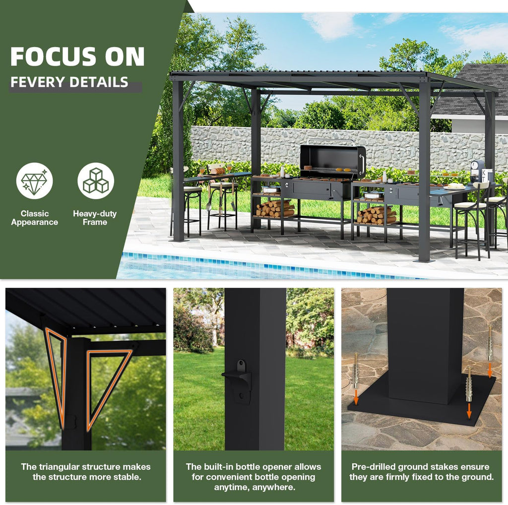 EBE 6'x12' Hardtop Grill Gazebo, Outdoor BBQ Gazebo with Side Shelves, Grill Pergola Canopy with Bottle Opener & Hooks, Metal Gazebo for Patio, Backyard, Deck