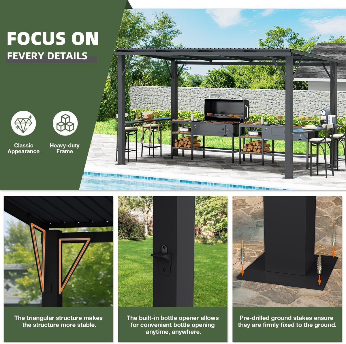EBE 6'x12' Hardtop Grill Gazebo, Outdoor BBQ Gazebo with Side Shelves, Grill Pergola Canopy with Bottle Opener & Hooks, Metal Gazebo for Patio, Backyard, Deck