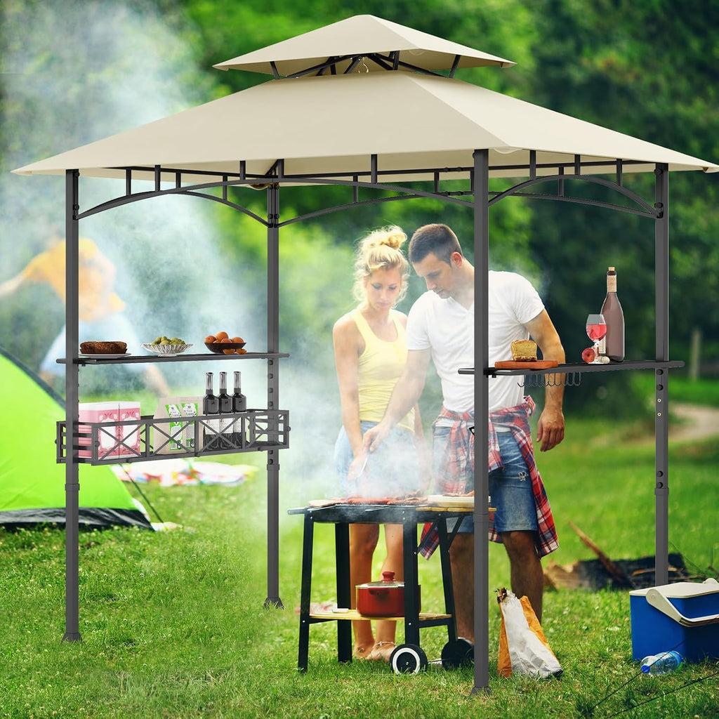 Tangkula 8x5 Ft Grill Gazebo, 2-Tier Barbecue Gazebo with 2 Shelves, 20 Hanging Hooks, Bottle Opener & Storage Basket, Outdoor Grill Canopy for Backyard Garden Poolside (Beige)
