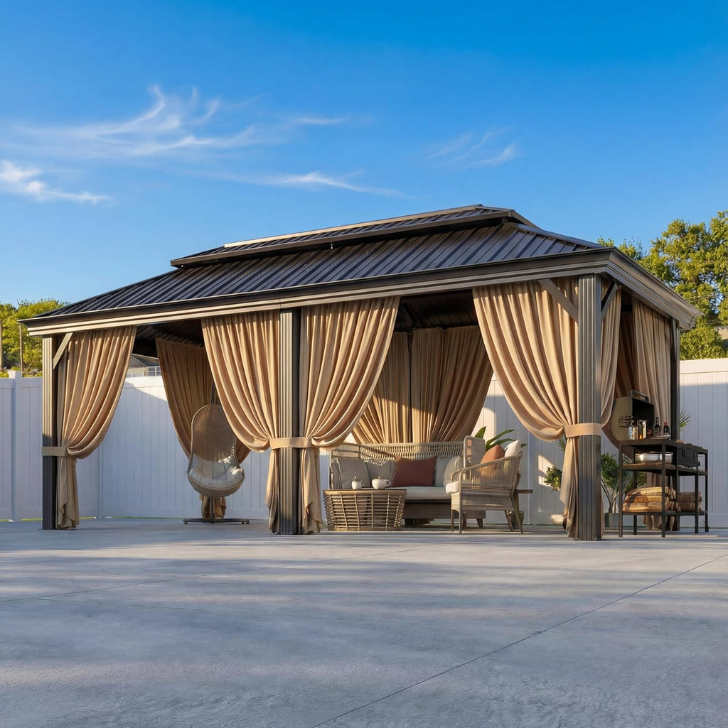 HOTEEL 12x20 Gazebo on Clearance with Metal Roof & Drainage System, Heavy Duty Hardtop Gazebo with Flame-Retardant Curtain & Netting, Outdoor Gazebos with Galvanized Steel Double Roof for Patio, Party