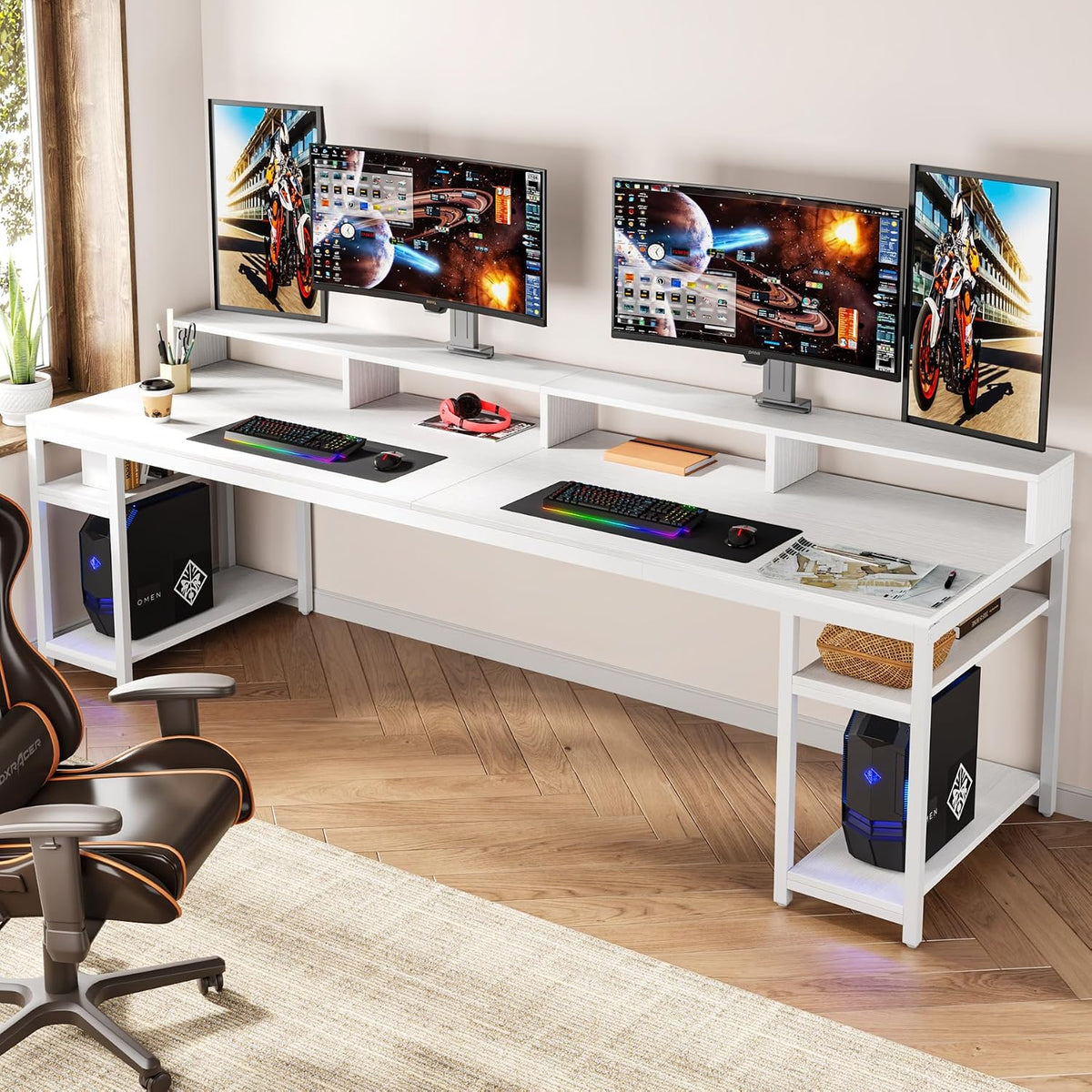 Tribesigns Two Person Desk with Monitor Stand, 78.74' Long Double Computer Office Desk with Storage Shelves, Large Gaming Desk Study Writing Table Workstation for Home Office (White)