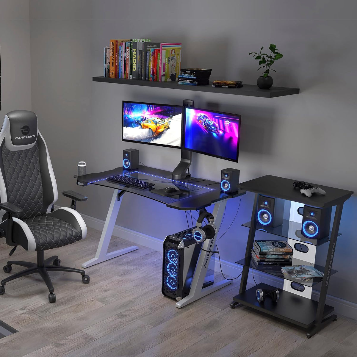 Dardashti Gaming Desk PC Computer Desk, Home Office Desk Gaming Table Z Shaped Gamer Workstation with Cup Holder and Headphone Hook, Z1-21, Arctic White
