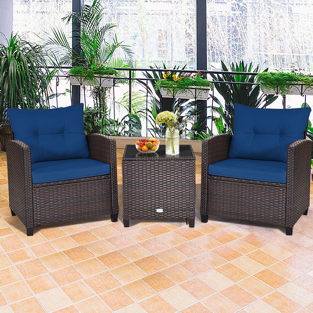HAPPYGRILL 3 Pieces Patio Conversation Set, Outdoor Furniture Set PE Rattan Sofa Set with Removable Cushions, PE Wicker Chairs with Tempered Glass Side Table for Porch Lawn Garden Balcony Backyard