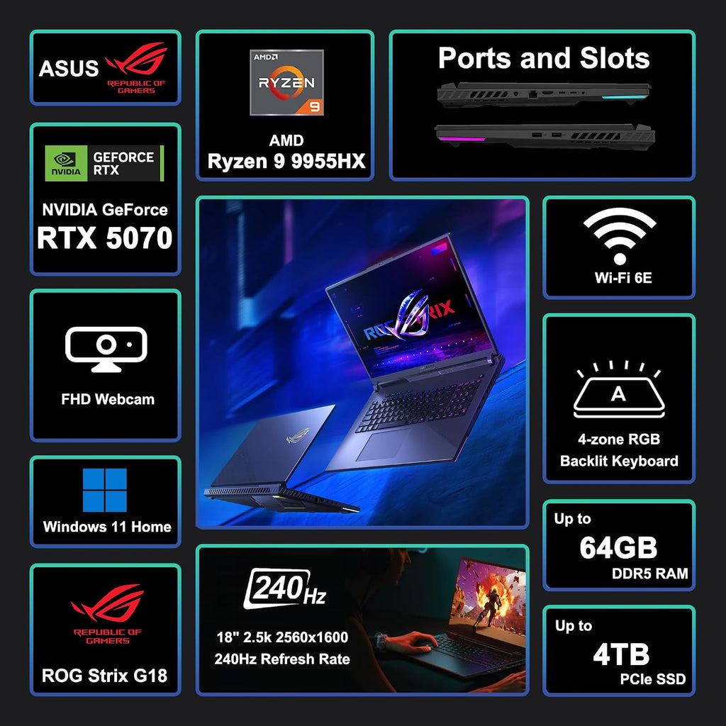 ASUS ROG Strix G18 G814 Gaming Laptop 18' 2.5k (2560x1600) 240Hz (100% DCI-P3) AMD 16-core Ryzen 9 9955HX (>i9-14900HX) 64GB DDR5 1TB SSD GeForce RTX 5070 RGB Backlit FHD Camera Win11 ICP Hub