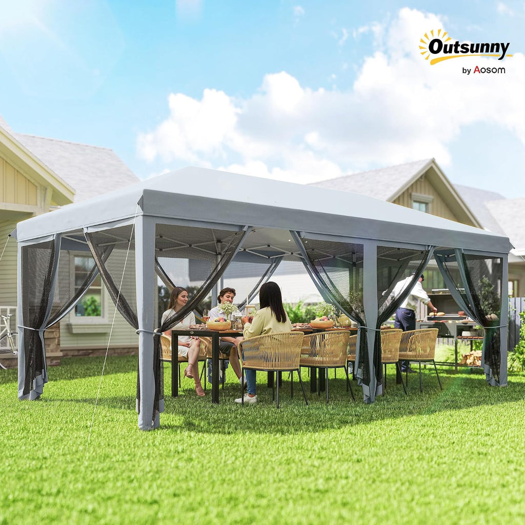Outsunny 10' x 20' Pop Up Canopy Tent with Netting, Heavy Duty Instant Sun Shelter, Large Tents for Parties with Carry Bag for Outdoor, Garden, Patio, Gray