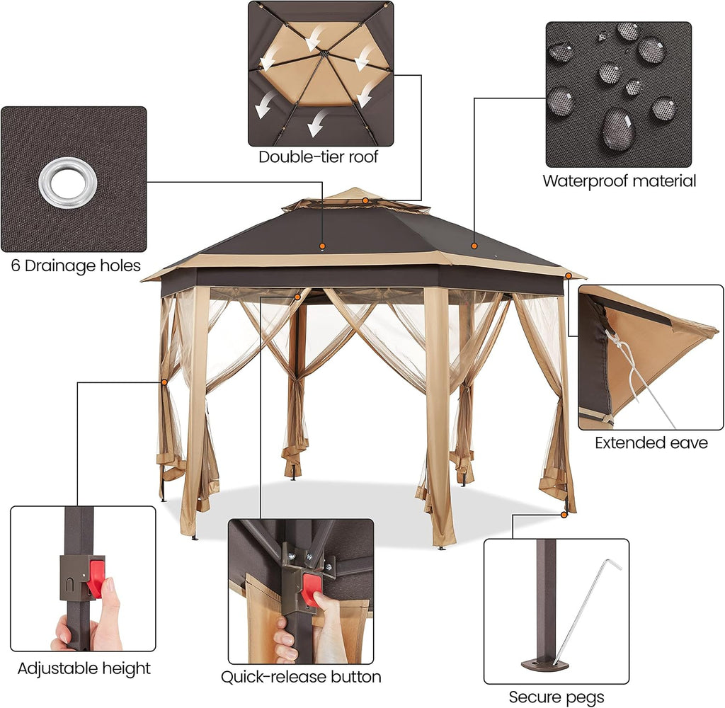 Yaheetech 13x13 Pop up Gazebo, Hexagonal Outdoor Canopy Shelter, Instant Patio Gazebo Sun Shade Canopy Tent with Double Tiers & Mesh Netting for Lawn, Garden, Backyard & Deck, Khaki/Brown
