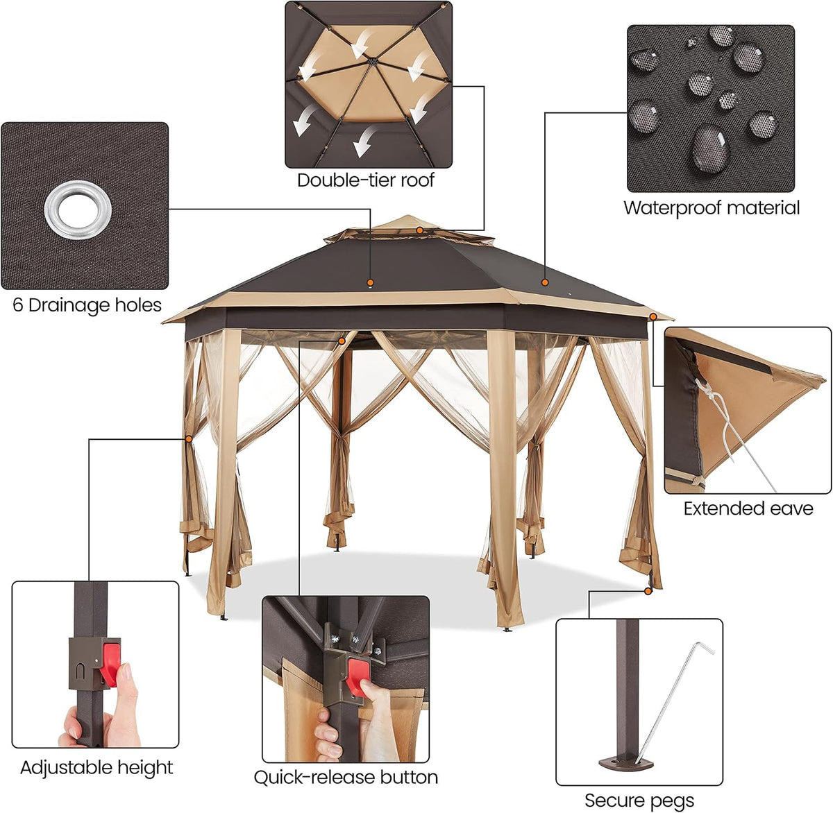 Yaheetech 13x13 Pop up Gazebo, Hexagonal Outdoor Canopy Shelter, Instant Patio Gazebo Sun Shade Canopy Tent with Double Tiers & Mesh Netting for Lawn, Garden, Backyard & Deck, Khaki/Brown
