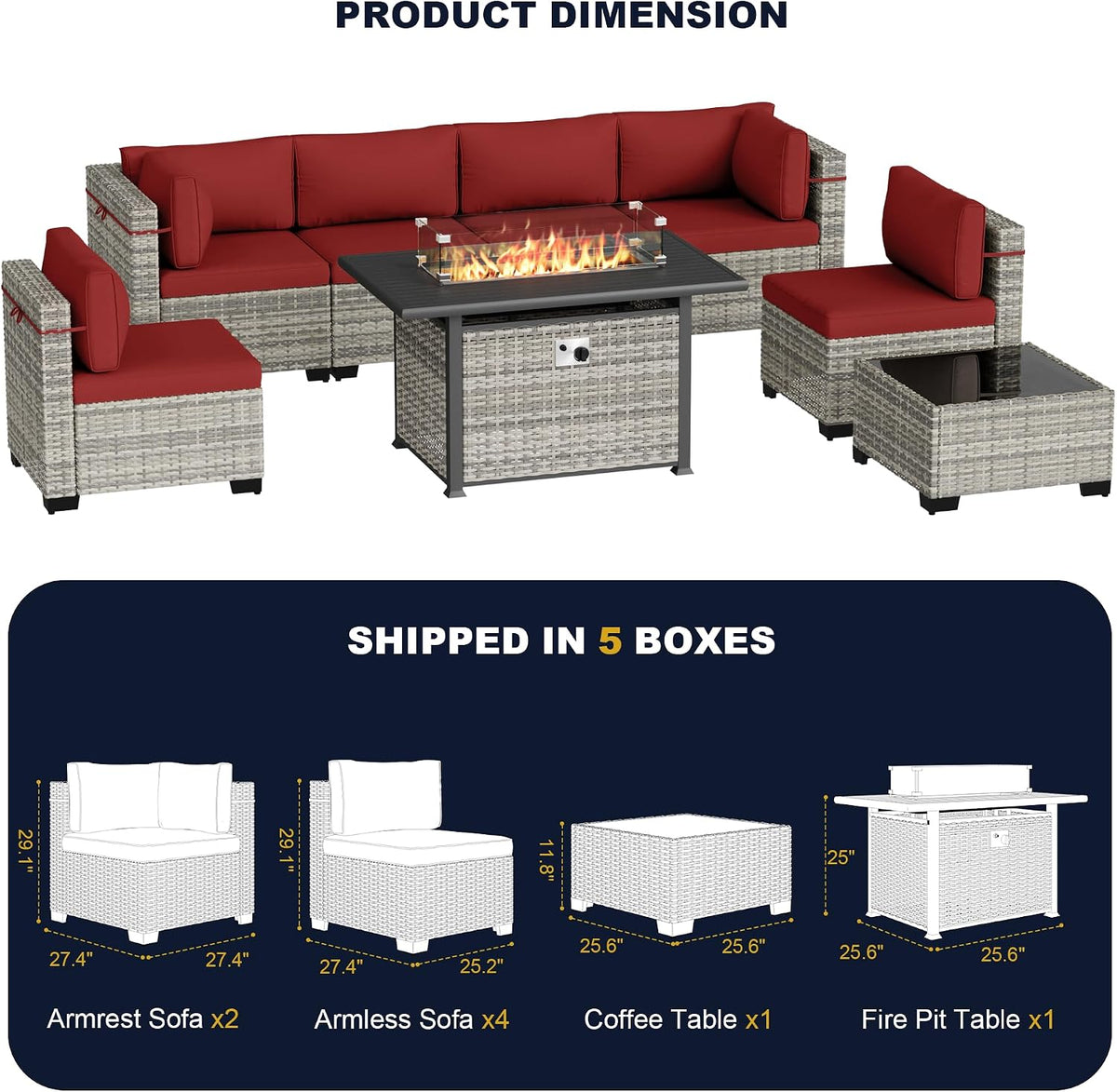8-Piece Outdoor Patio Furniture Set with 55,000 BTU Fire Pit Table, PE Wicker Rattan Sectional Sofa Conversation Set - All-Weather Garden, Backyard Furniture, Red