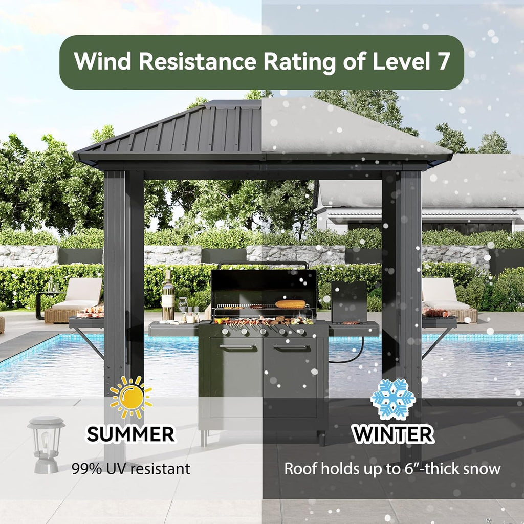 Aoxun Grill Hardtop Gazebo 5 x 8 FT, Outdoor Metal Hard Top Gazebo, Permanent BBQ Pavilion with Galvanized Steel Roof, Aluminum Pavilion with Shelves for Lawn, Garden, Patio, Backyard (Dark)