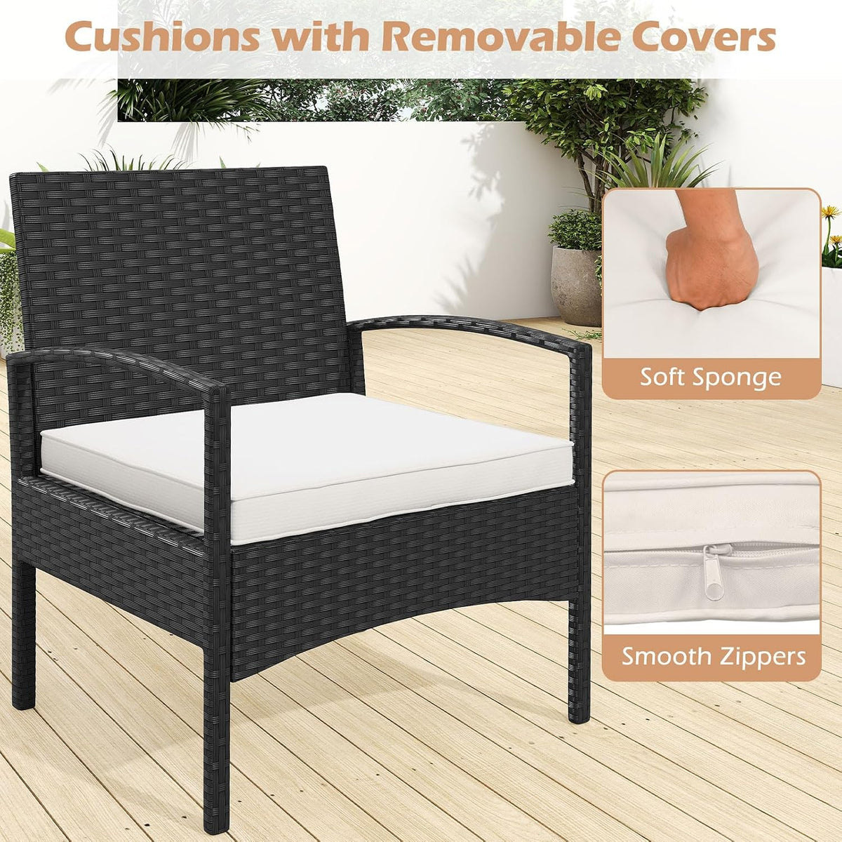 RELAX4LIFE 3-Piece Patio Furniture Set - Rattan Conversation Set, Wicker Bistro Set w/2 Chairs, Glass Coffee Table, Steel Frame, Outdoor Chairs Set for Yard Balcony, Front Porch Furniture (Off White)