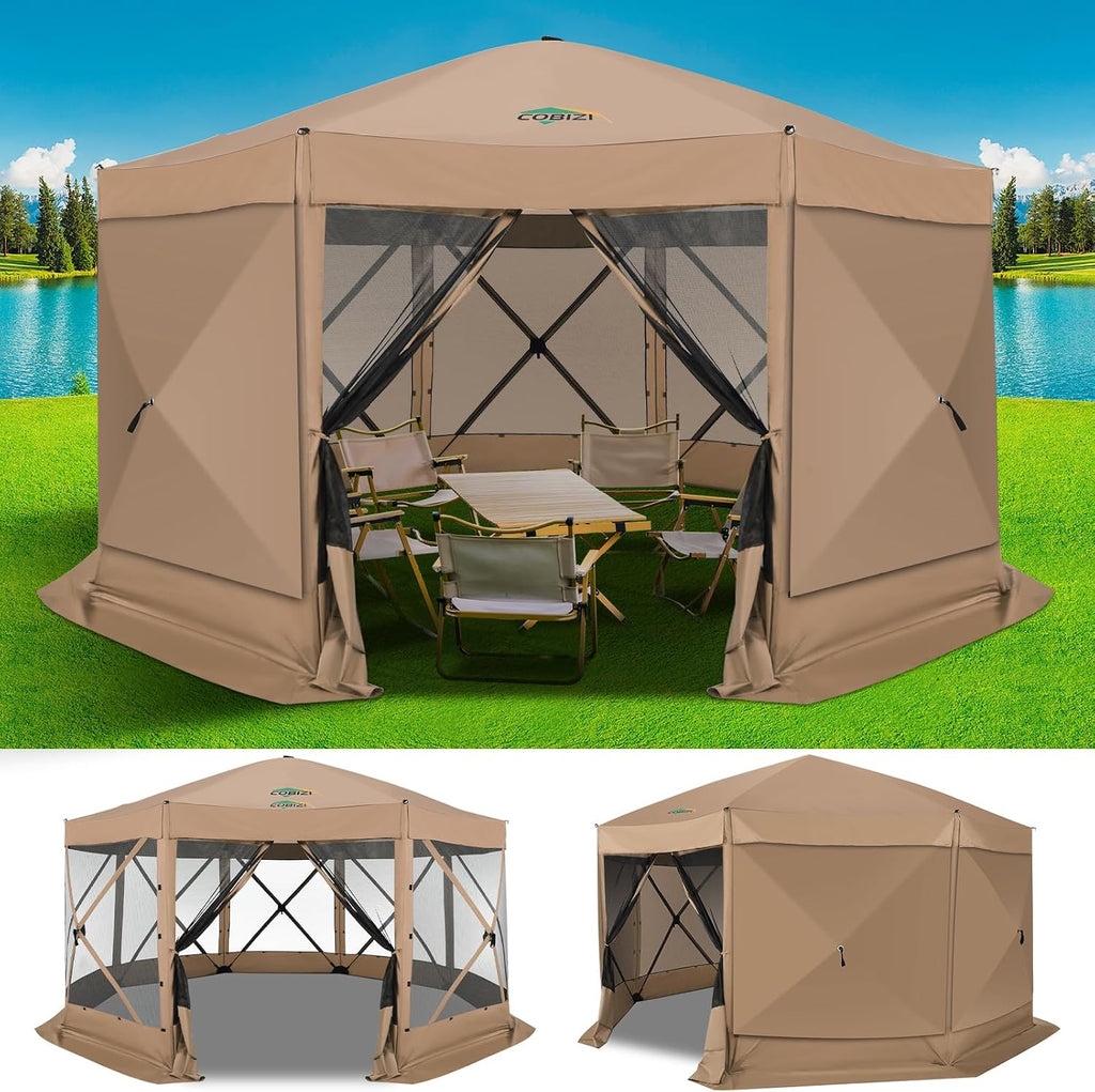 COBIZI 15x15 FT Pop Up Gazebo - Canopy Tent, Large Gazebos On Clearance with Sidewalls,carpas para Patio,Screened in Gazebo,Portable Screen Tents for 12-15 Persons Outdoor Camping, Backyard, Khaki