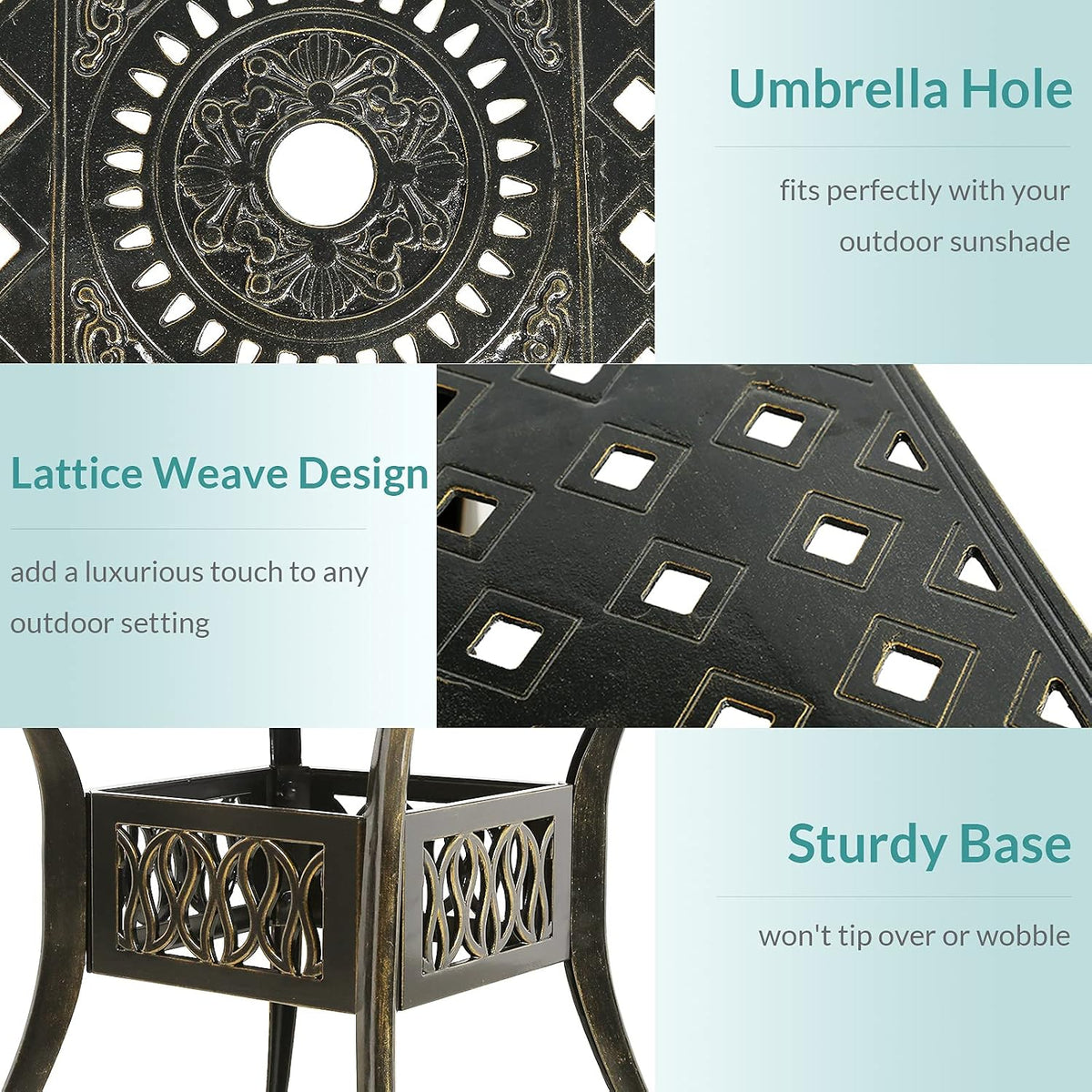 MEETWARM 5-Piece Outdoor Furniture Dining Set, All Weather Cast Aluminum Conversation Set Includes 4 Chairs and a 31.5' Square Table with 2.2' Umbrella Hole for Patio Garden Deck, Lattice Weave Design