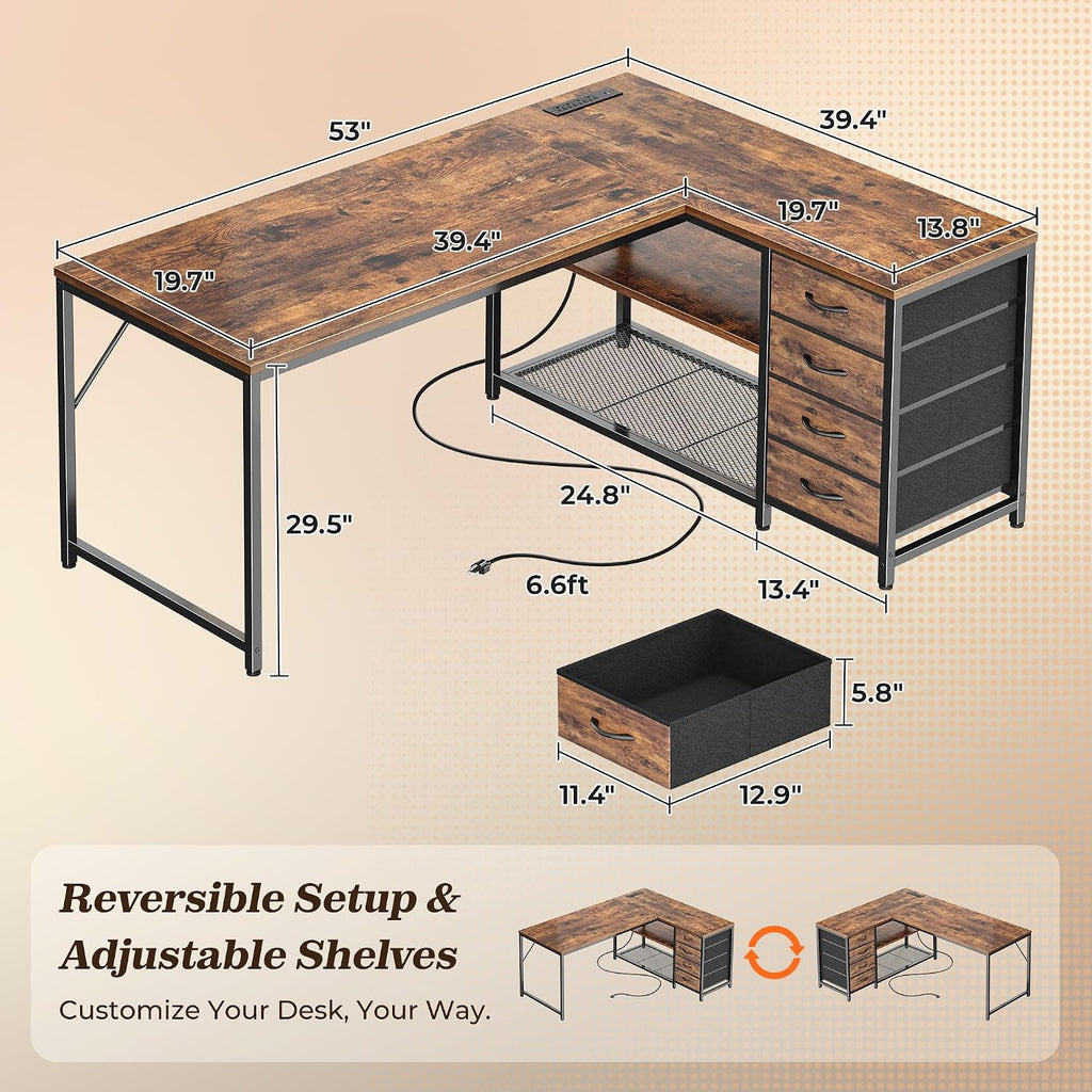 PRAISUN 53' L Shaped Desk with Power Outlets and USB-C Port, Reversible Computer Corner Office Desk with 4 Fabric Drawers and 2 Height-Adjustable Shelves, Large for Gaming Writing Study, Rustic Brown