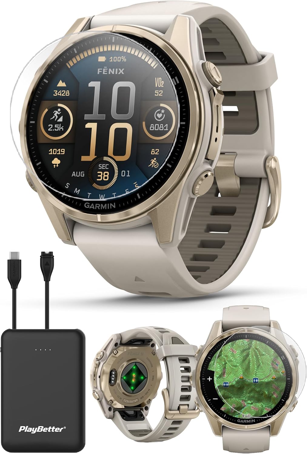 PlayBetter Garmin Fenix 8 AMOLED Sapphire (43mm, Soft Gold/Dark Sandstone) Multisport GPS Smartwatch Bundle - 1.3' Touchscreen, Built-in LED Flashlight Portable Charger & Screen Protectors
