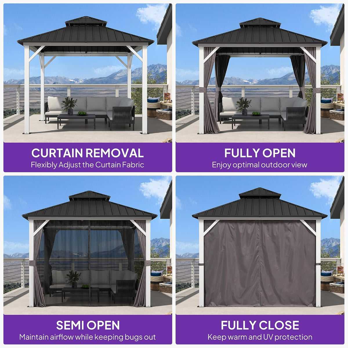 PURPLE LEAF 10' X 10' Hardtop Gazebo Metal Double Roof White Aluminum Frame Outdoor Heavy Duty Gazebo with Curtain and Netting for Patio Garden and Backyard, Grey