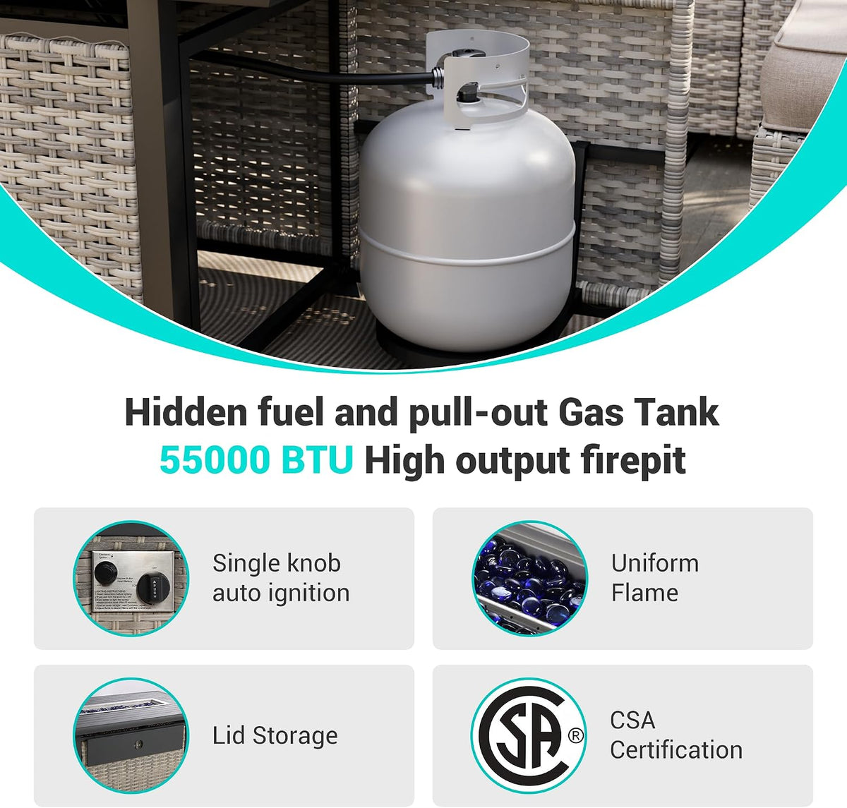 13-Piece Outdoor Patio Furniture Set with Rocking Swivel Chair, Wicker Rattan Sectional Sofa Conversation Set with 55,000 BTU Fire Pit Table with Ottomans, Backyard Furniture, Beige