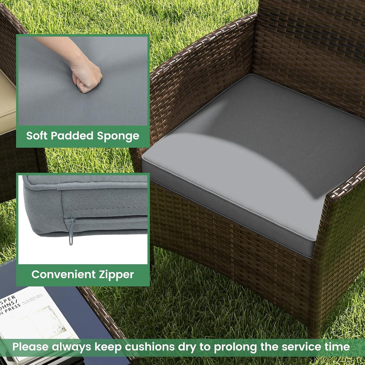 ORALNER 4 Pieces Patio Furniture Set, Rattan Chairs Loveseat with Soft Cushion Glass Table, Outdoor Wicker Conversation Set for Balcony Garden Backyard Porch Poolside (Gray)