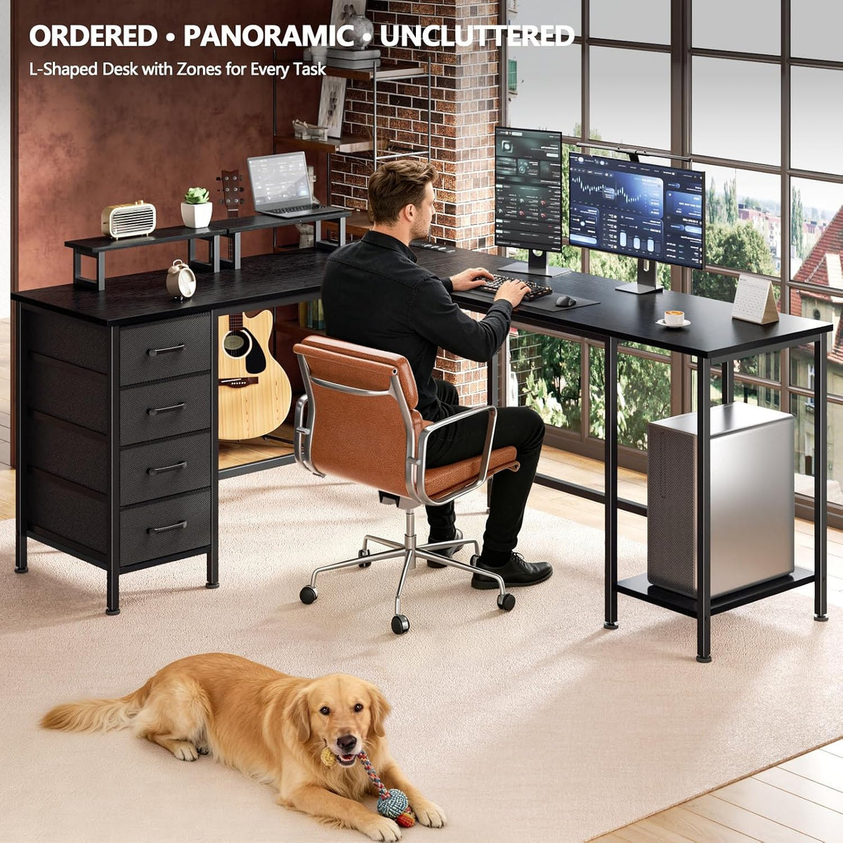 Korfile 66' L Shaped Computer Desk, 94.4'' Home Office Desk with Power Outlets, 4 Adjustable Storage Drawers & 2 Monitor Stands, Large Two Person Gaming Table for Writing Study, Black