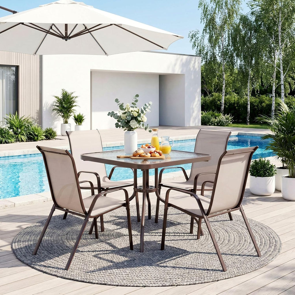 TLSUNNY Patio Dining Set 5 Pieces, All Weather Outdoor Furniture W/30'X 30' Table and 4 Stackable Textilene Chairs, Metal Table and Chairs for Patio, Lawn, Garden, Poolside, Backyard (Beige)