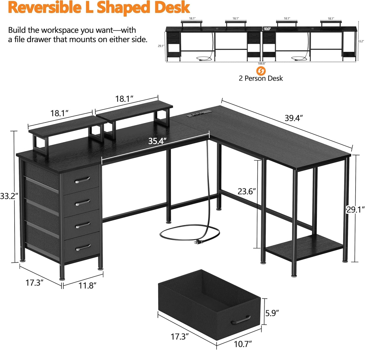 Korfile 66' L Shaped Computer Desk, 94.4'' Home Office Desk with Power Outlets, 4 Adjustable Storage Drawers & 2 Monitor Stands, Large Two Person Gaming Table for Writing Study, Black