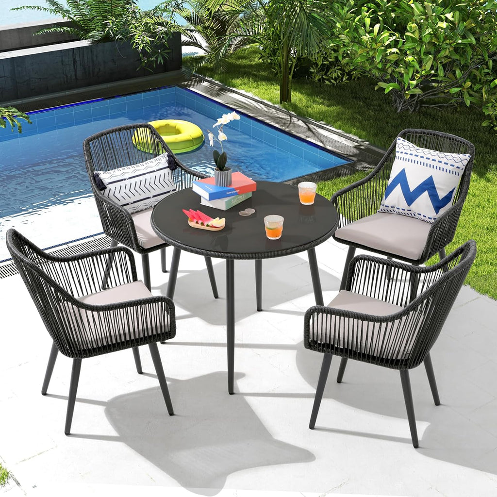 Patiorama 5-Piece Patio Dining Set,Outdoor Dining Table Chair Set,All-Weather Twisted Rattan Wicker Rope Conversation Set,Patio Furniture Set w/Umbrella Hole,4 Cushioned Chairs&Glass Table(Dark Black)