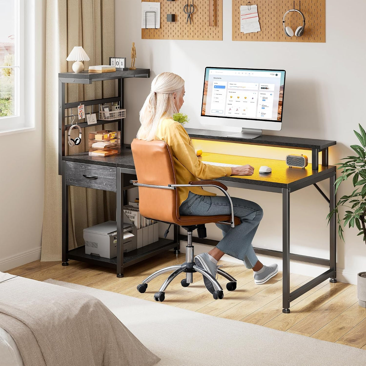 EnHomee 48' Gaming Desk with LED Lights & Power Outlets, Home Office Desk with Monitor Stand, Computer Desk with Drawer & Storage Shelves for Living Room, Study Room, Gaming Room, Black