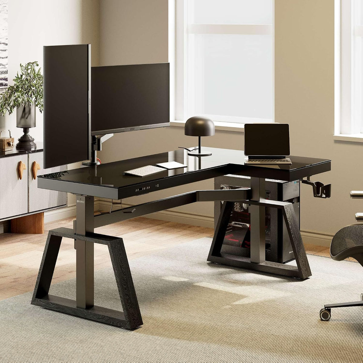 EUREKA ERGONOMIC Standing Desk,Gaming Table,Glass RGB Desks, Height Adjustable Computer 60 Inch L Shaped Corner Desk Music Studio Desk Workstation w Type-C Port,Cup Headset Holder,APP Control,Right