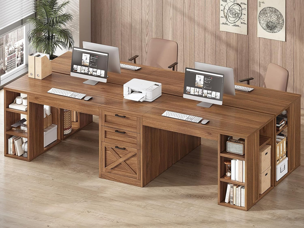 SEDETA Farmhouse 96.5' Computer Desk with Drawers, 2 Person Home Office Desk, Gaming Double Desk with Storage Shelves, Long Two Person Writing Desk, Brown