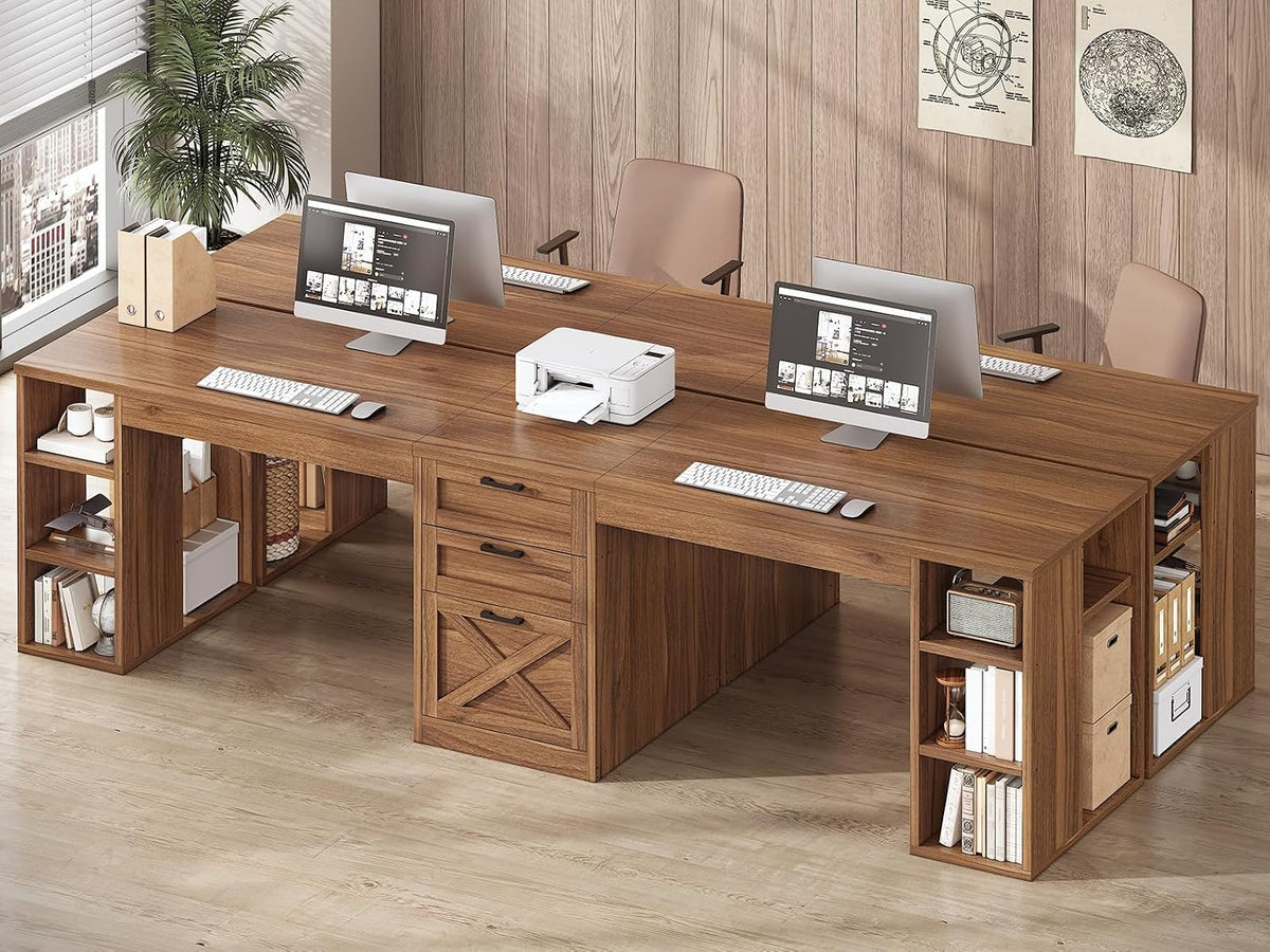 SEDETA Farmhouse 96.5' Computer Desk with Drawers, 2 Person Home Office Desk, Gaming Double Desk with Storage Shelves, Long Two Person Writing Desk, Brown