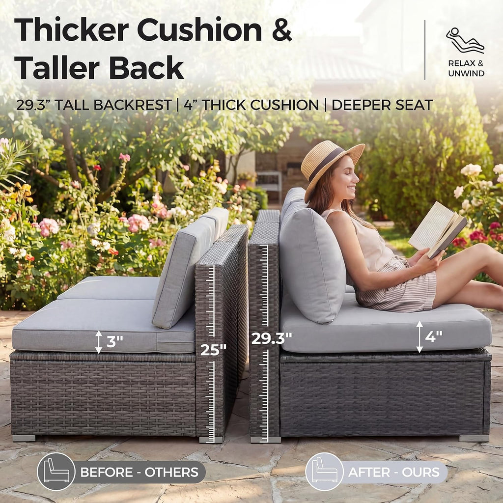NICESOUL 9 Piece Outdoor Patio Furniture Set with Fire Pit Table Dual Natural Gas & Propane, 29.3'' High Back Extra Large Comfy Wicker Conversations, Deep Wide Modular Couches for Garden, Light Grey