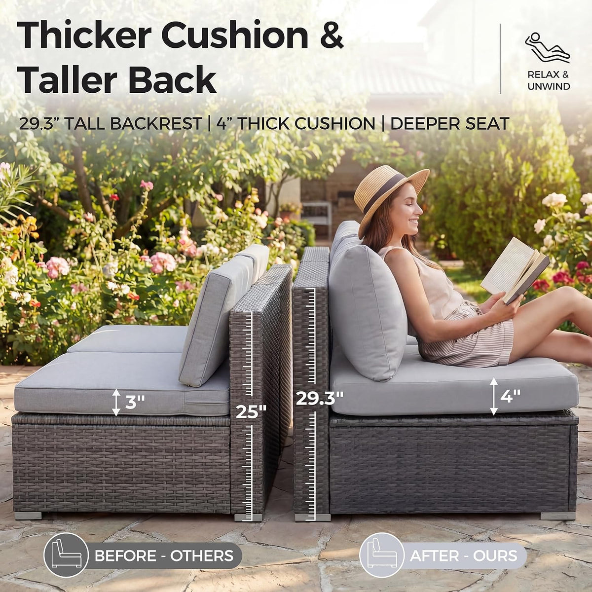 NICESOUL High-End Outdoor Patio Furniture Set with Natural Gas/Propane Firepits, 7 Piece Large Wicker Sectional Couches with Fire Table, 29.3'' High Back Deep Seating Comfy Conversation Sofas, Gray