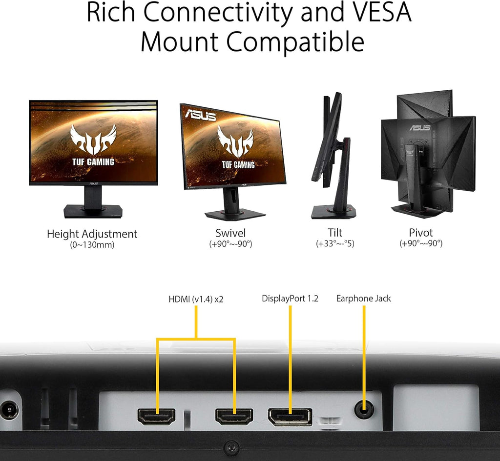 ASUS TUF Gaming 27' 1080P Monitor (VG279QR) - Full HD, IPS, 165Hz, 1ms, Extreme Low Motion Blur, G-SYNC Compatible, Shadow Boost, VESA Mountable, DisplayPort, HDMI, Height Adjustable