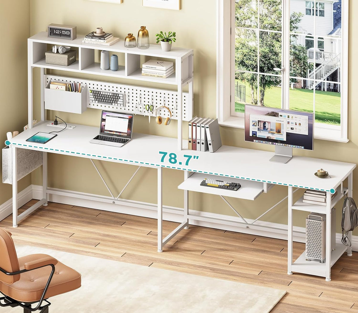 SEDETA White L Shaped Office Desk, 57.5' Corner Computer Desk with Power Outlet Pegboard and Keyboard Tray, Gaming Table with LED Lights, Hutch and Storage Shelves for Home Office