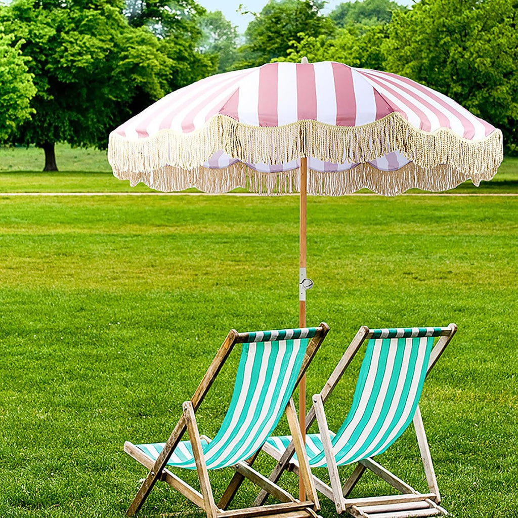 Premium Patio Umbrella with Fringe,Round Umbrella with 8 Sturdy Ribs,7 Ft Outdoor Table Umbrellas,Sun Shade Rainproof Garden Umbrellas,Button Tilt