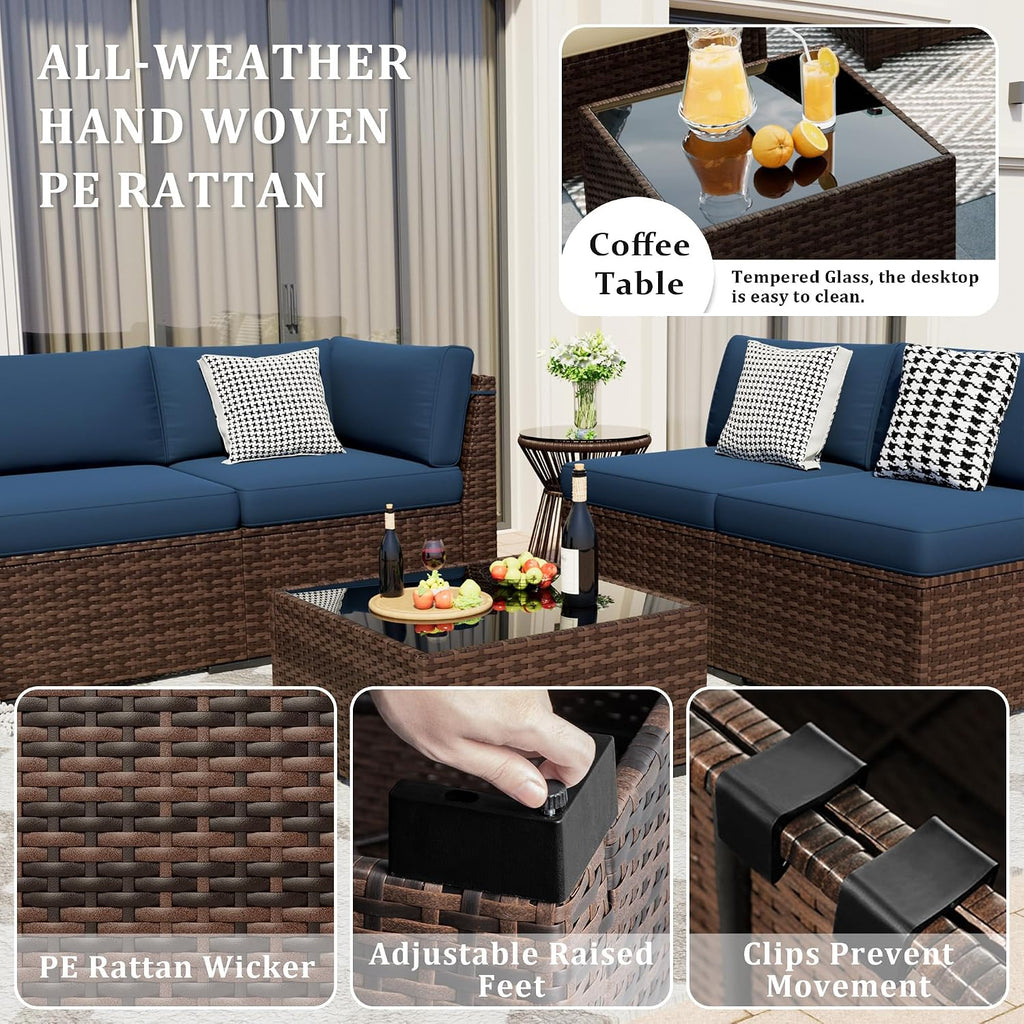 Patio Furniture Set, 5 Pieces Outdoor Sectional Sofa Set, PE Wicker Rattan Slanted Back Outdoor Conversation Set with Cushions and Glass Coffee Table, Navy Blue