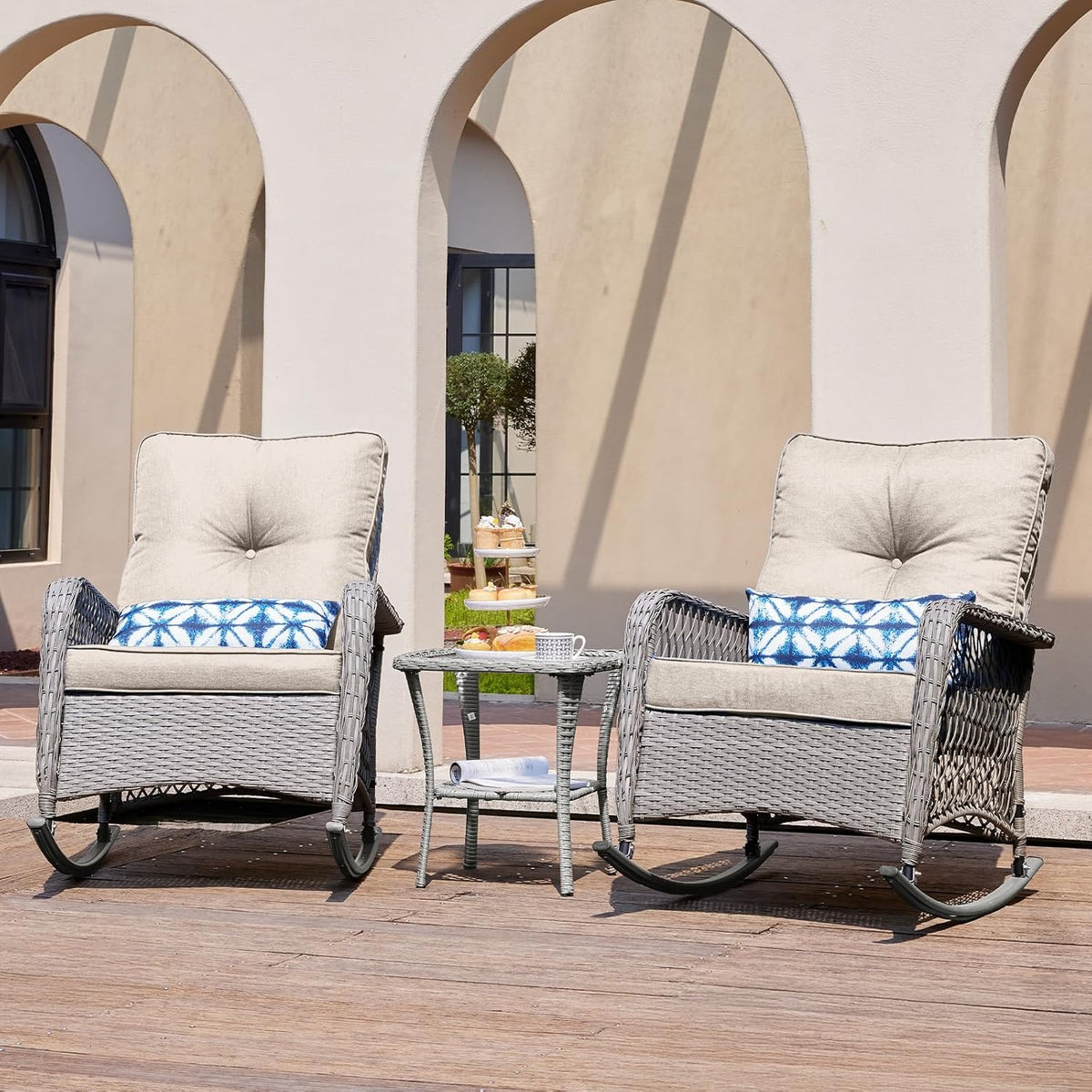 UDPATIO Rocking Chair Outdoor Set 2 with Coffee Table, 3 Piece Wicker Rocking Bistro Set with 4' Water-Resistant Cushions, Oversized, 350lbs Heavy-Duty, for Porch, Patio, Balcony, Grey/Beige