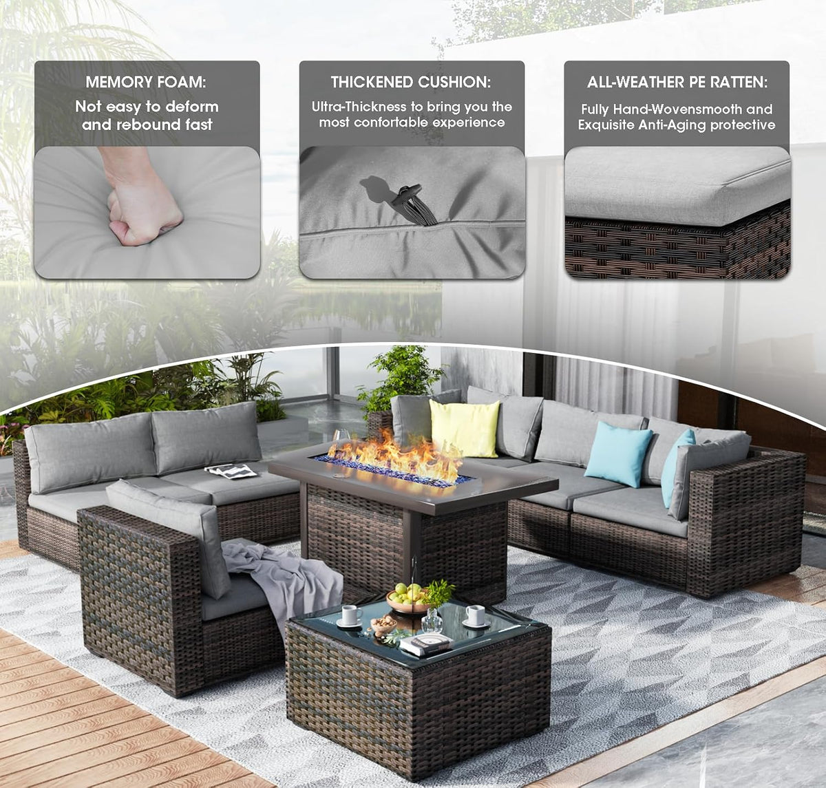 9 Pieces Outdoor Sectional Patio Furniture Set with Fire Pit Table PE Rattan Wicker Patio Sectional Armless Conversation Set with Cushions Grey