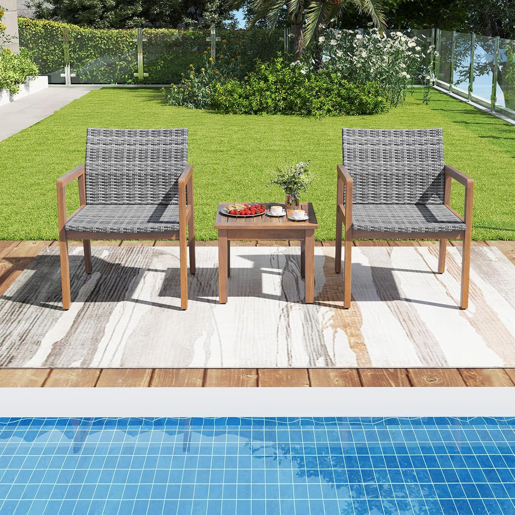 HAPPYGRILL 3 Pieces Patio Furniture Set, PE Rattan Patio Bistro Set with Chairs & Coffee Table, Outdoor Acacia Wood Conversation Set for Garden, Backyard, Poolside & Porch