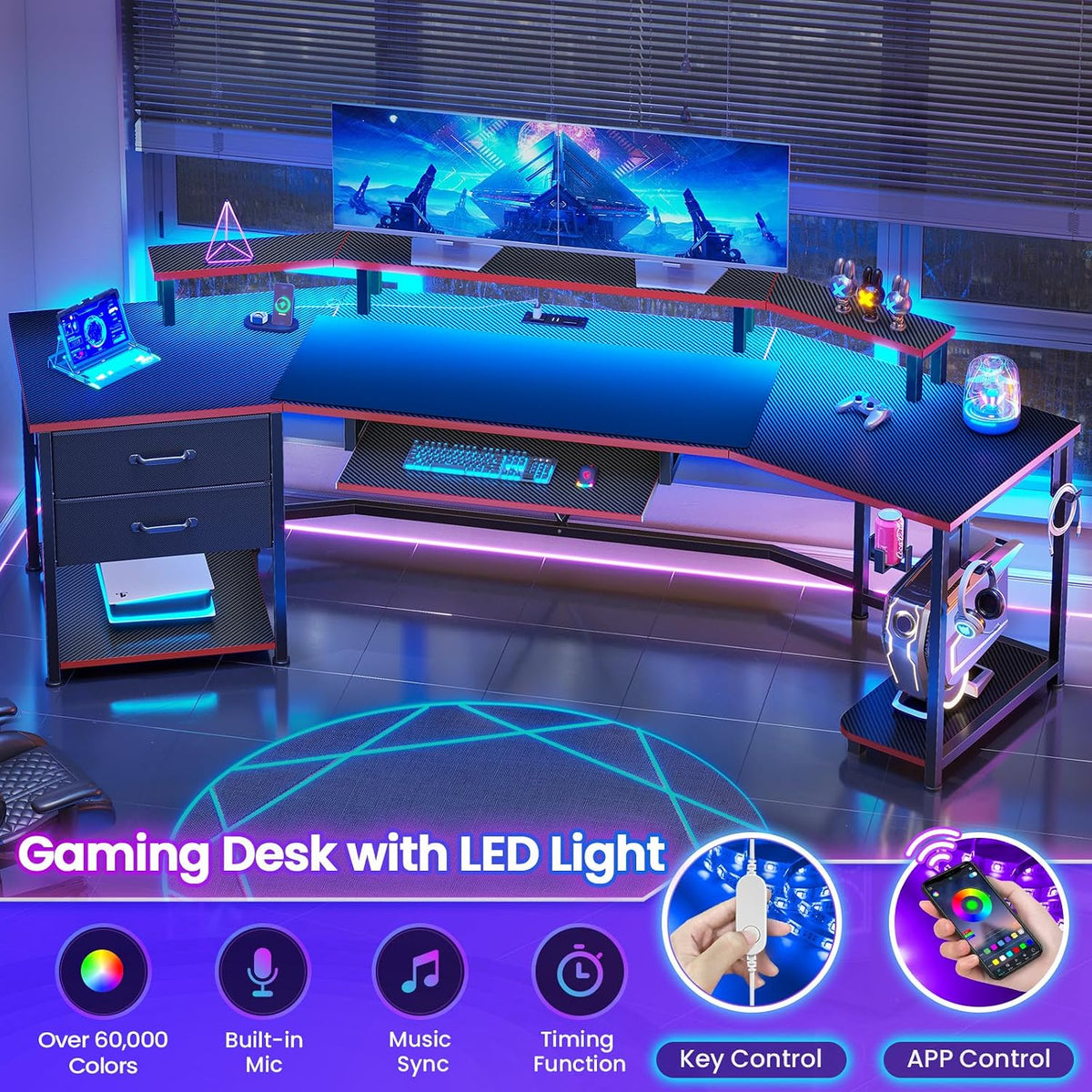 Itaar 79' Gaming Desk with 2 Fabric Drawers, Long Computer Desk with Power Strip & LED Lights, U Shaped Desk wtih Storage and Cup Holder, Large Gaming Table for Bedroom, Carbon Fiber Black+Red
