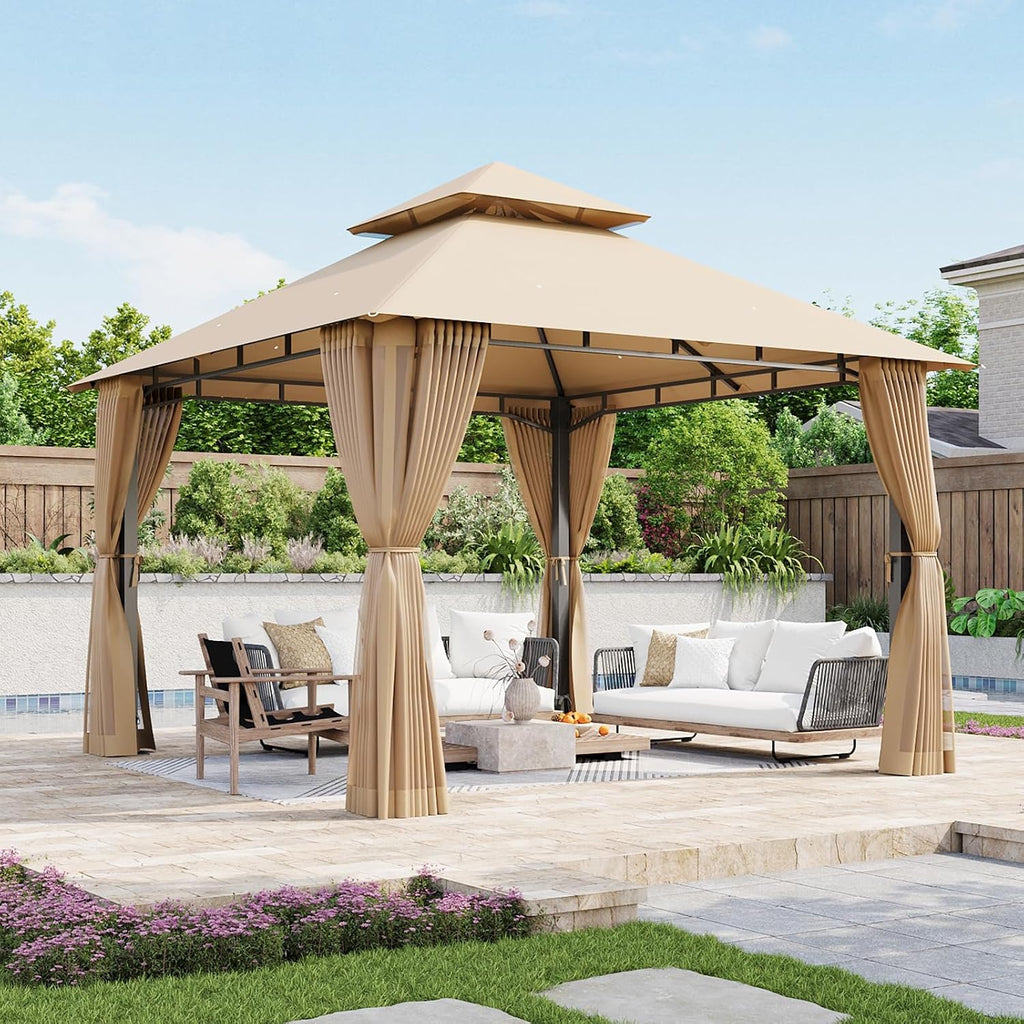 Aoxun 10x10 Gazebo with Double Roof & Mosquito Netting Outdoor Heavy-Duty Party Tent, Patio Tent with Zipper Screens - Backyard Garden Lawn Shelter Includes Wind Ropes Expansion Bolts, Beige