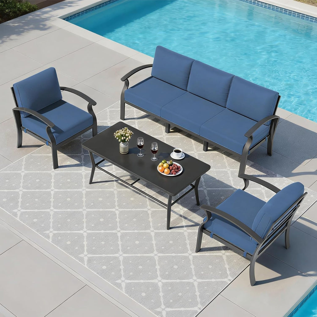 Aluminum Outdoor Patio Furniture Set,5 Seats Patio Conversation Sets with Rectangular Coffee Table,Metal Patio Sectional Furniture Set with 5.1' Thickened Cushions,Navy Blue