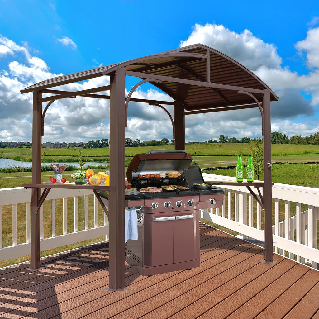8x5FT Hardtop Grill Gazebo, All-Weather Outdoor Gazebo with 2 Side Shelves and Bottle Opener, Galvanized Steel Double ARC Roof, Outdoor Metal Grill Canopy for Patio, Backyard, Lawn, Deck – Brown