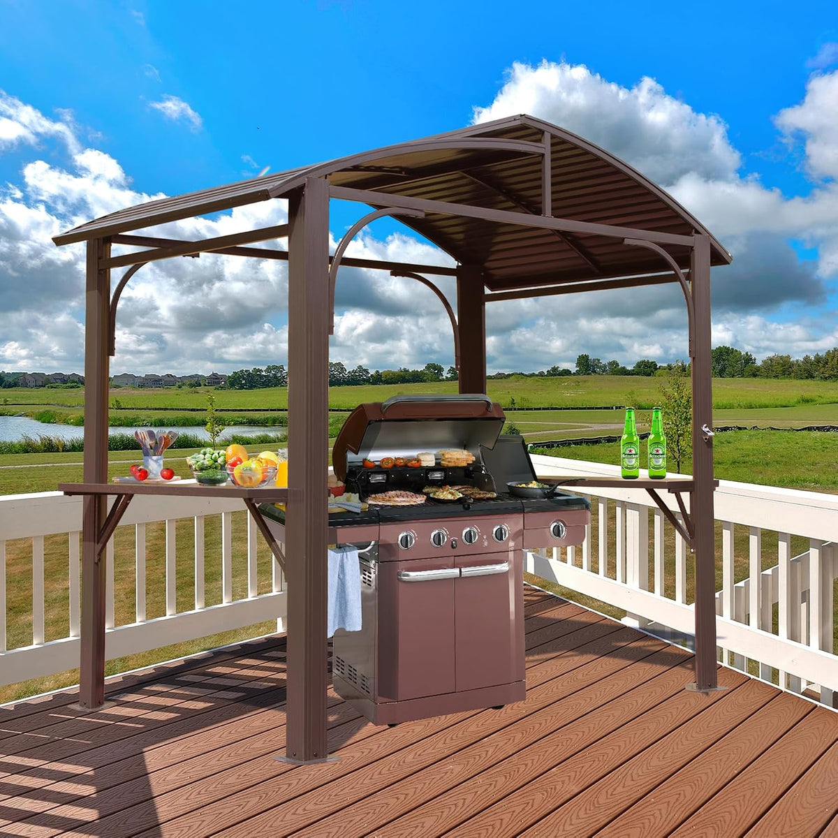 8x5FT Hardtop Grill Gazebo, All-Weather Outdoor Gazebo with 2 Side Shelves and Bottle Opener, Galvanized Steel Double ARC Roof, Outdoor Metal Grill Canopy for Patio, Backyard, Lawn, Deck – Brown