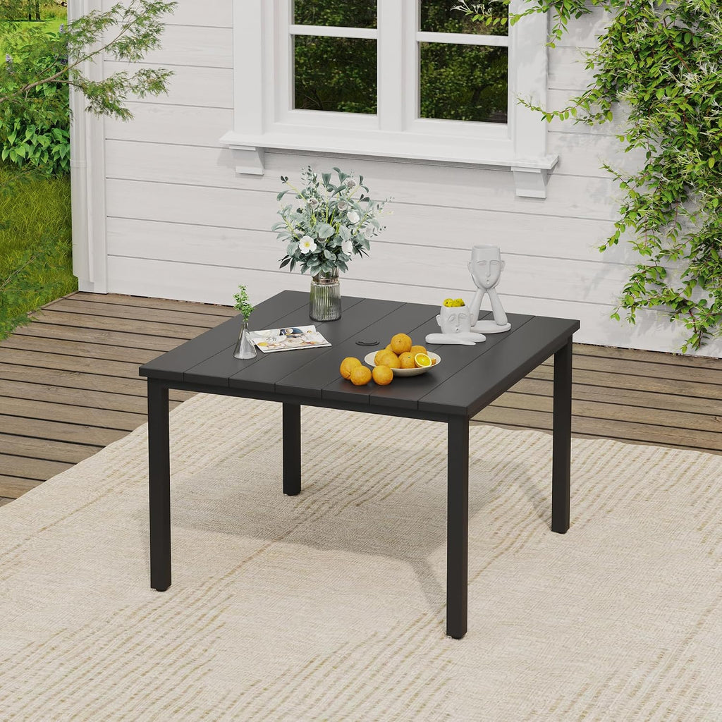 VICLLAX 5 Pieces Patio Dining Set, Patio Furniture Set of 4 Patio Stackable Dining Chairs and Outdoor Metal Square Table with Umbrella Hole for Backyard Lawn Garden, Blue Chairs and Black Table
